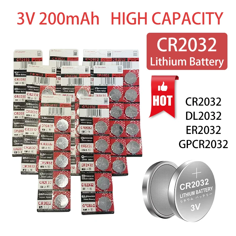 

10-100PCS ultra-large capacity button lithium battery CR2032 200mAh has powerful 3V output for clock car remote control watch