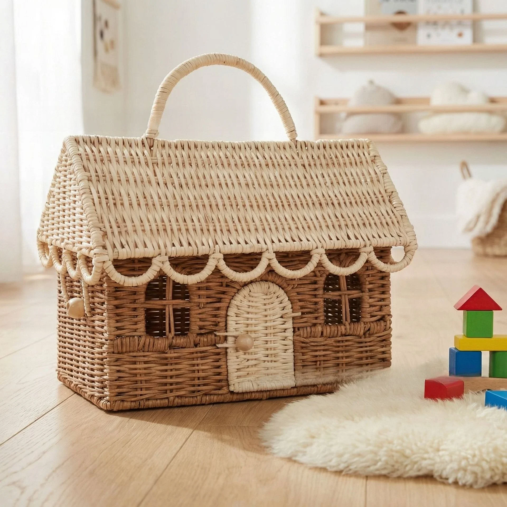 Rattan Cottage Play House Children's Toys Tote Bag Straw Lid Storage Basket Photography Props