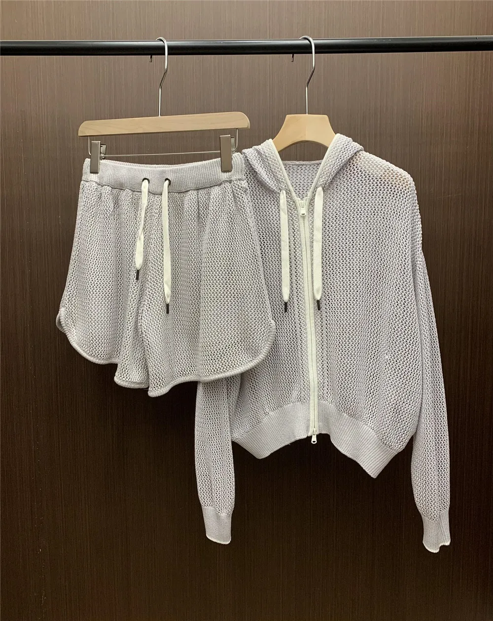 

Women's Knitted Hollow Suit Hooded Cardigan Sweatshirt+V -Neck Pullover Top +High Waist Shorts 3 Piece Set Woman Clothing