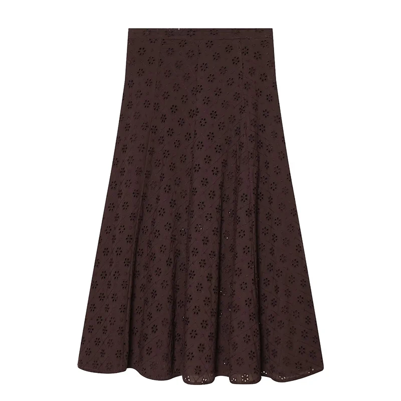 YENKYE New 2026 Women Brown Hollow Out Embroidery Midi Skirt Casual High Waist A-line Holiday Summer Skirts Faldas Mujer