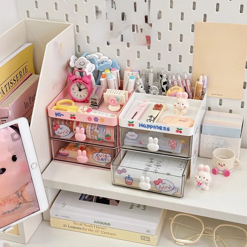 Kawaii Desktop Stationery Storage Box Organizer Drawer Pen Holder Makeup Cosmetic Plastic Drawer Storage Box Desk Organizer Cute