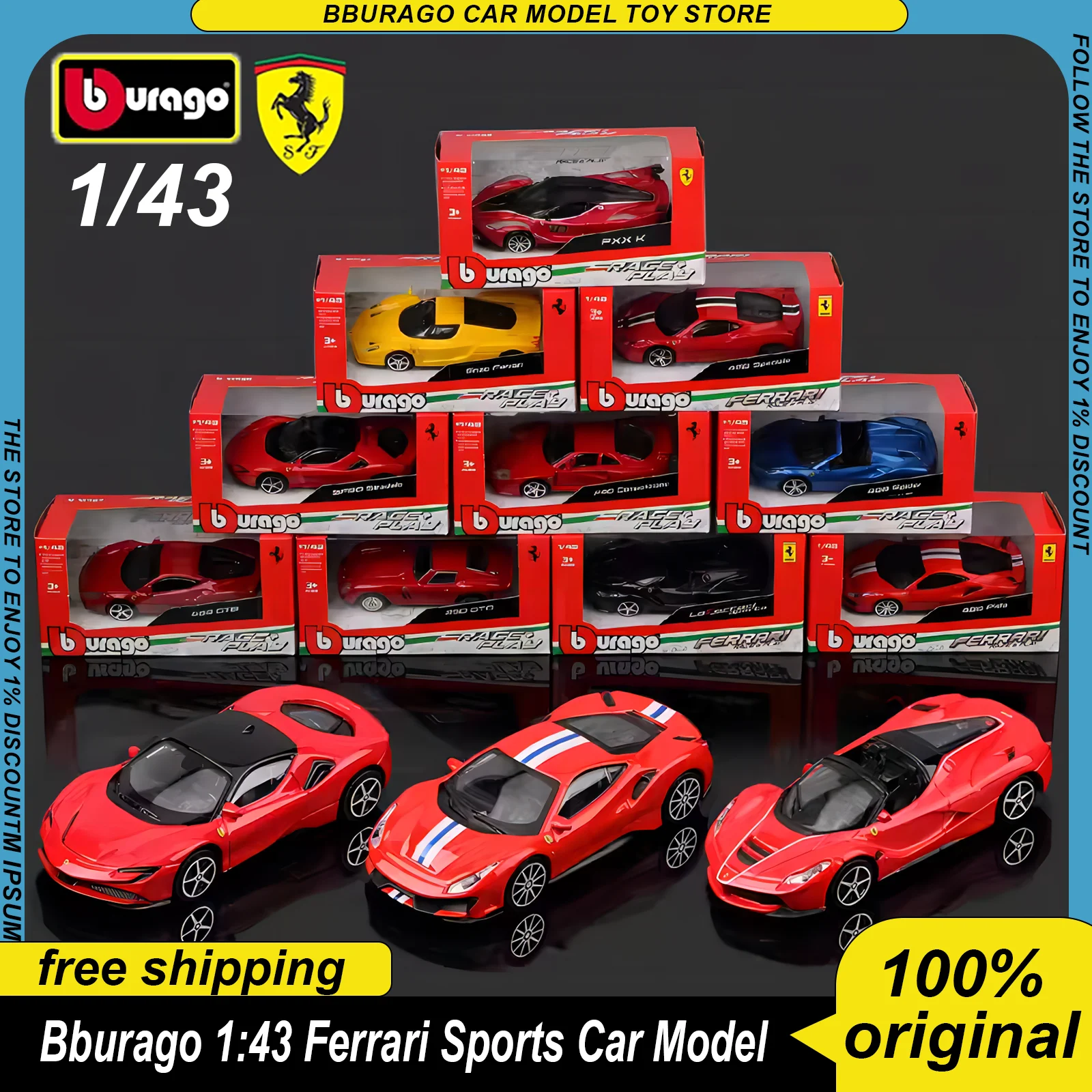 Bburago 1:43 Ferrari Sports Color Box Serie Diecast Model Ferrari Laferrari Ferrari Purosangue Alloy Luxury Vehicle Toy Car Gift