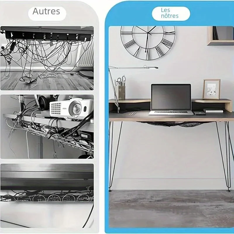 شبكة إدارة الكابلات تحت المكتب - منظم شبكي بمقبس 8 فتحات مع حافة مرنة، مخفي سلكي مرن للمكتب والمنزل