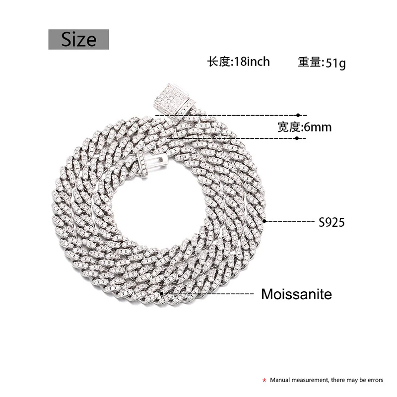 S925 Sterling Silver Moissanite Stone Cuban Link Chain Necklace for Women Men Hip Hop Bling Ice Out Rapper Jewelry High Quality