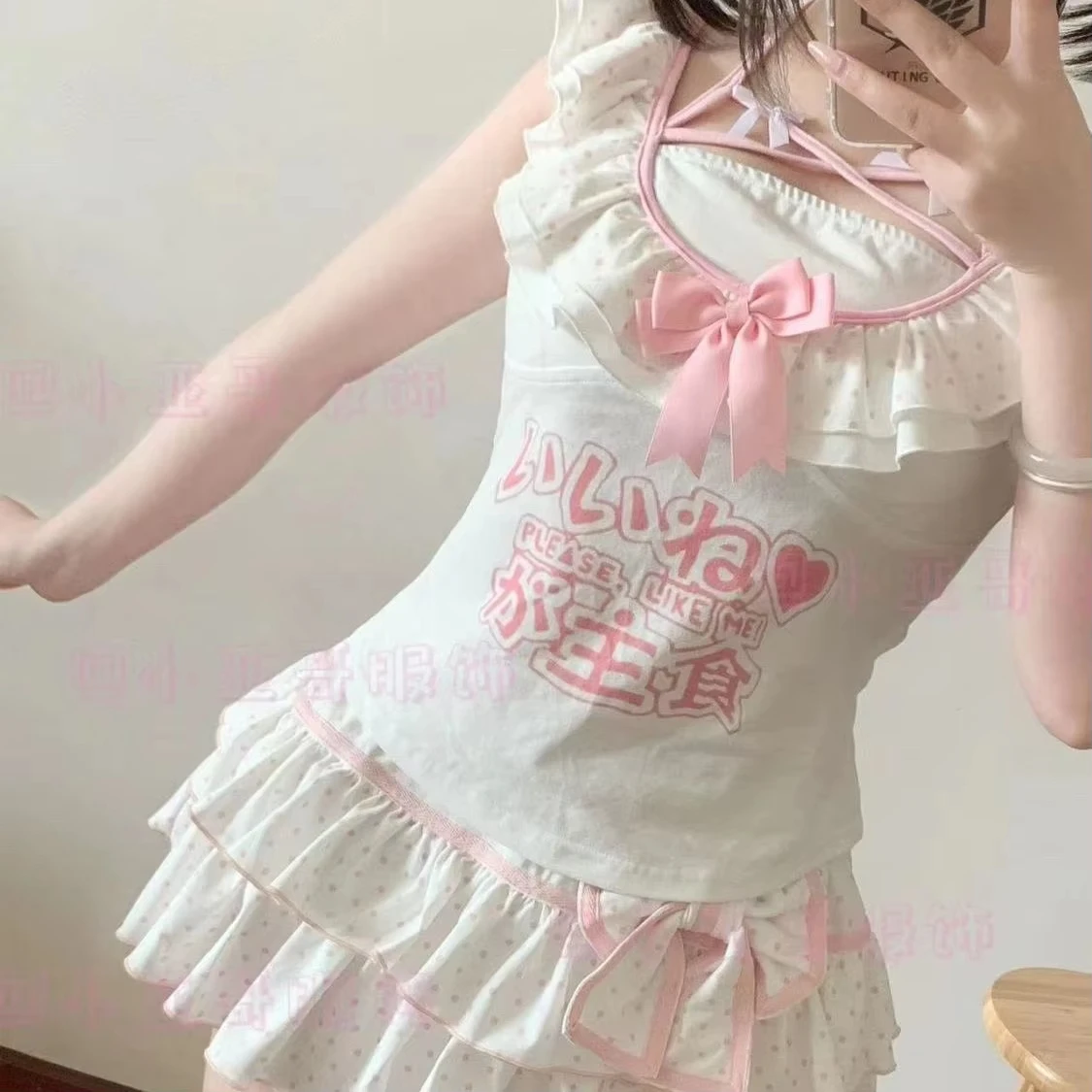 Saia Mini Lolita Estilo Japonês Harajuku para Meninas, Saias Plissadas com Laço Y2K para Mulheres, Saias em Camadas com Rendas e Bolinhas, Presente Fofo e Doce