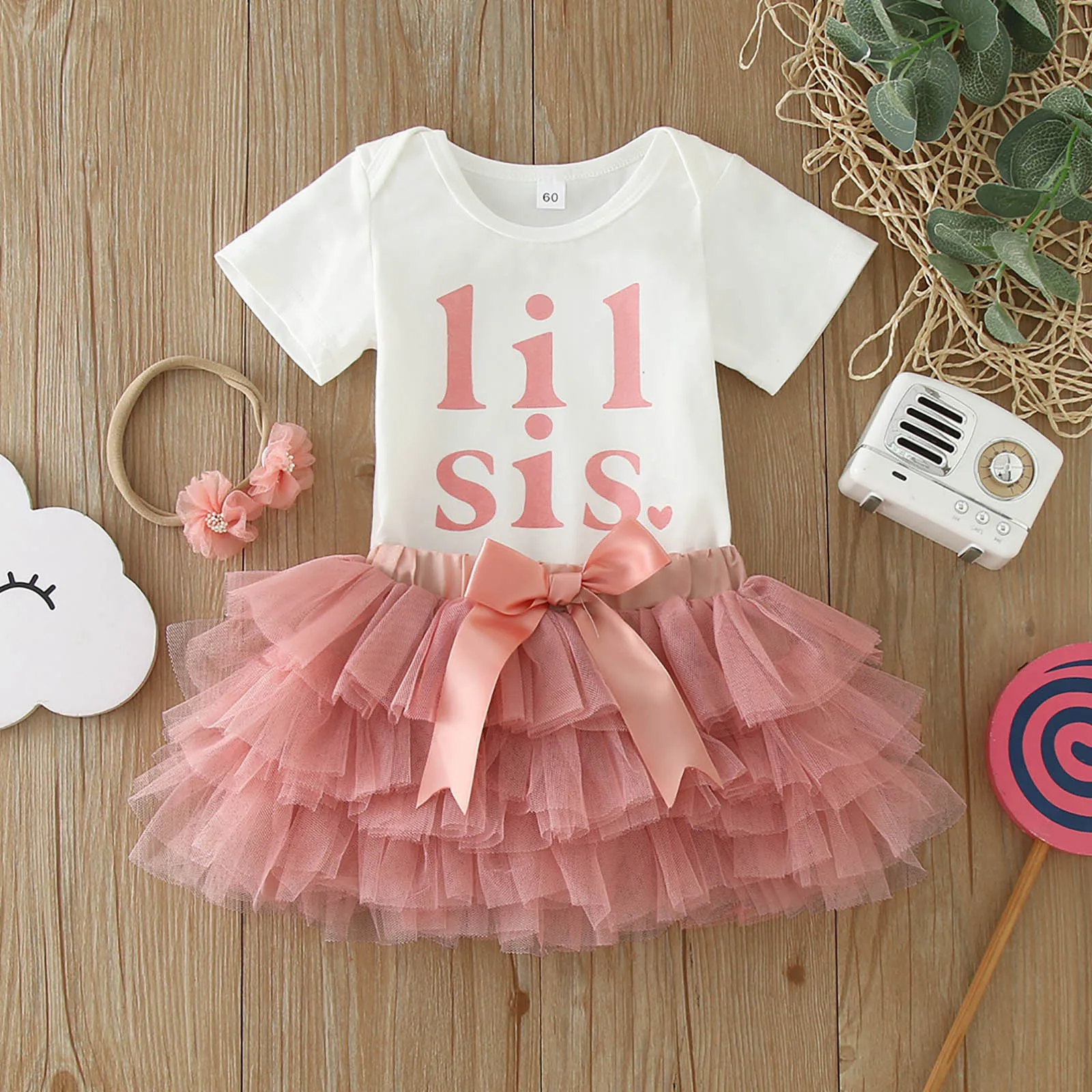 3 6 12 18M Baby Girls Summer Birthday Clothes Sets Short Sleeve Letter Print Romper+Mesh Tulle Tutu Skirt+Headband 3Pcs Outfits