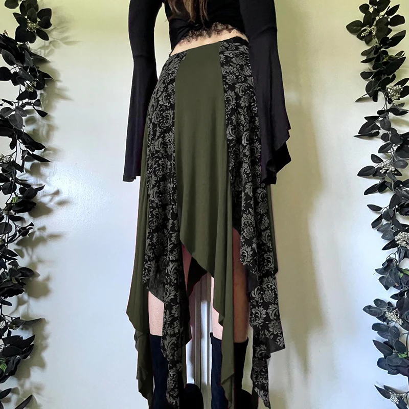 Retro Einfarbig Floral Patchwork frauen Röcke Hohe Taille Unregelmäßigen Saum Knöchel-länge Rock Frühen Herbst Neue A-linie röcke