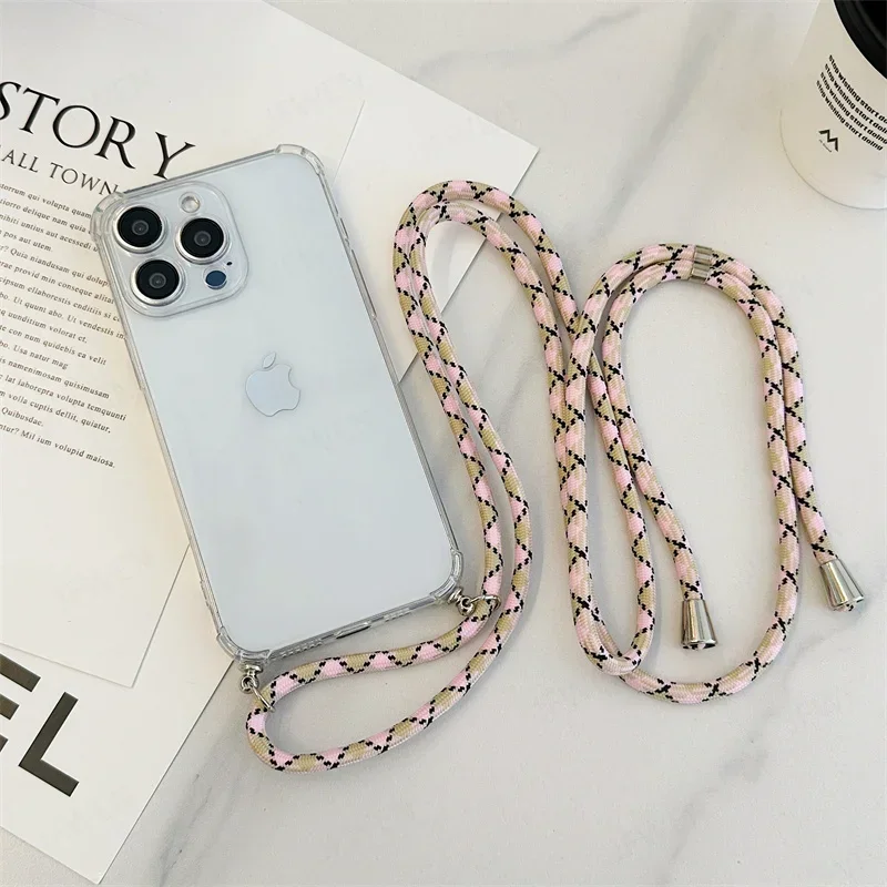 Crossbody Lanyard Clear Phone Case For iPhone 16 15 14 13 12 Mini 11 Pro Max Plus Shockproof Silicone Soft TPU Back Cover