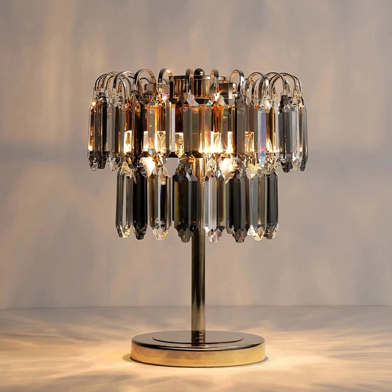 الفرنسية الحديد قاعدة الجدول مصباح طبقة مزدوجة البيضاوي كريستال عاكس الضوء غرفة نوم السرير مطعم غرفة المعيشة جو LED مكتب الخفيفة