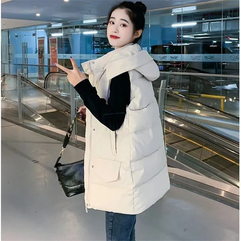 

Long Vest Woman Jacket New 2024 Hooded Fashion Winter Thick Warm Cotton Padded Jacket Sleeveless Coat Female Long Waistcoat