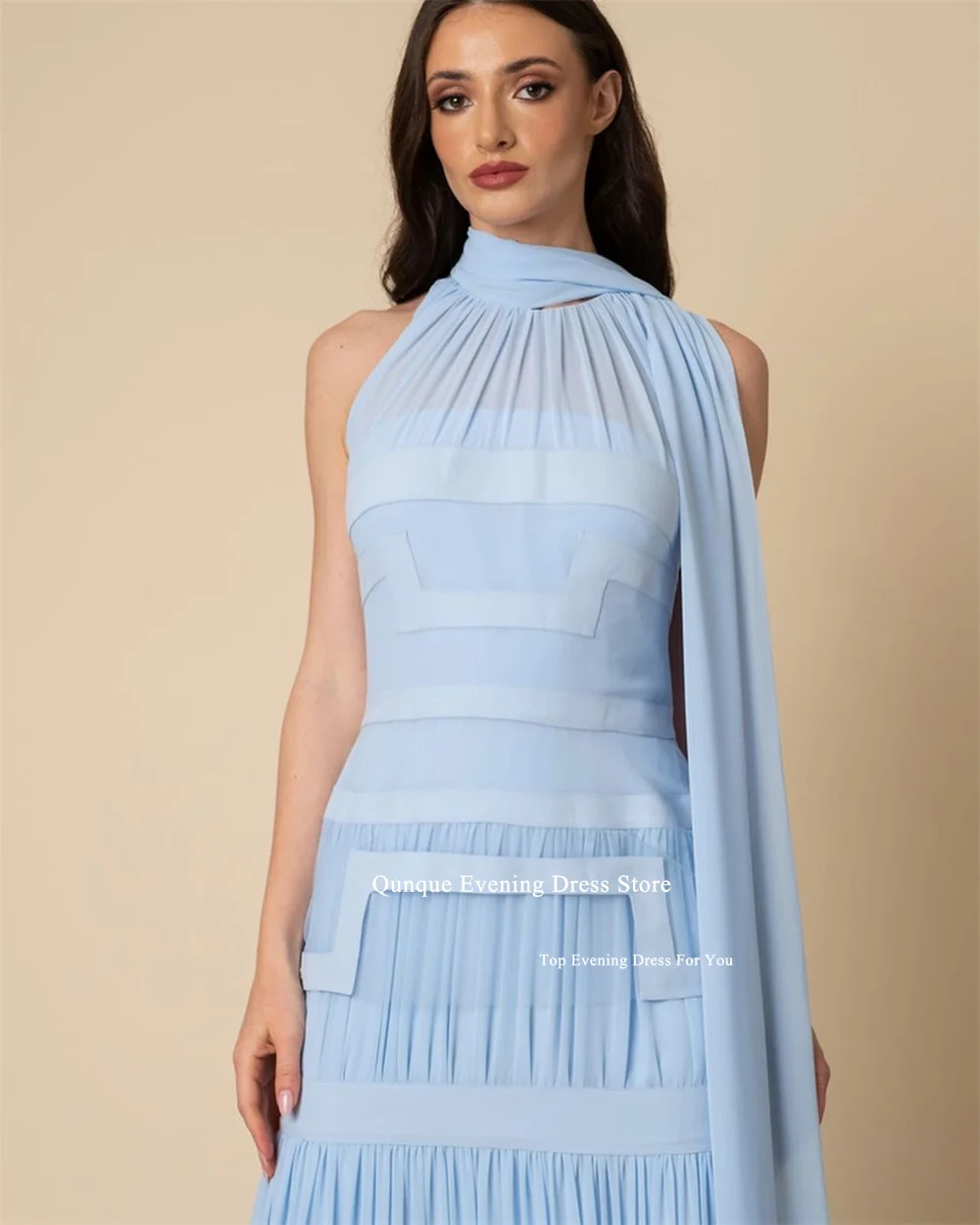 Qunque Vestidos de Noche de cóctel transparentes con bufanda para mujer, vestidos de celebridades de talla grande, azul cielo, Dubai, vestido Formal árabe