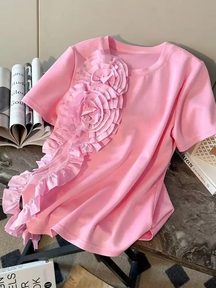 2026 Ropa Mujer Summer Tshirts for Women O-neck Temperament Casual Tees 3D Floral Fashion T Shirts Korean Cotton Tops