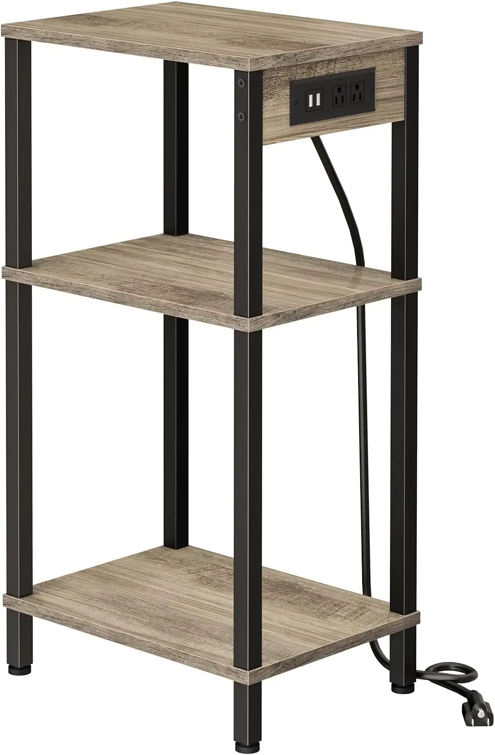 

Tall End Table with Charging Station and USB Ports, 3 Tier Narrow Tall Bedside Table with Storage, Slim Nightstand with Outle