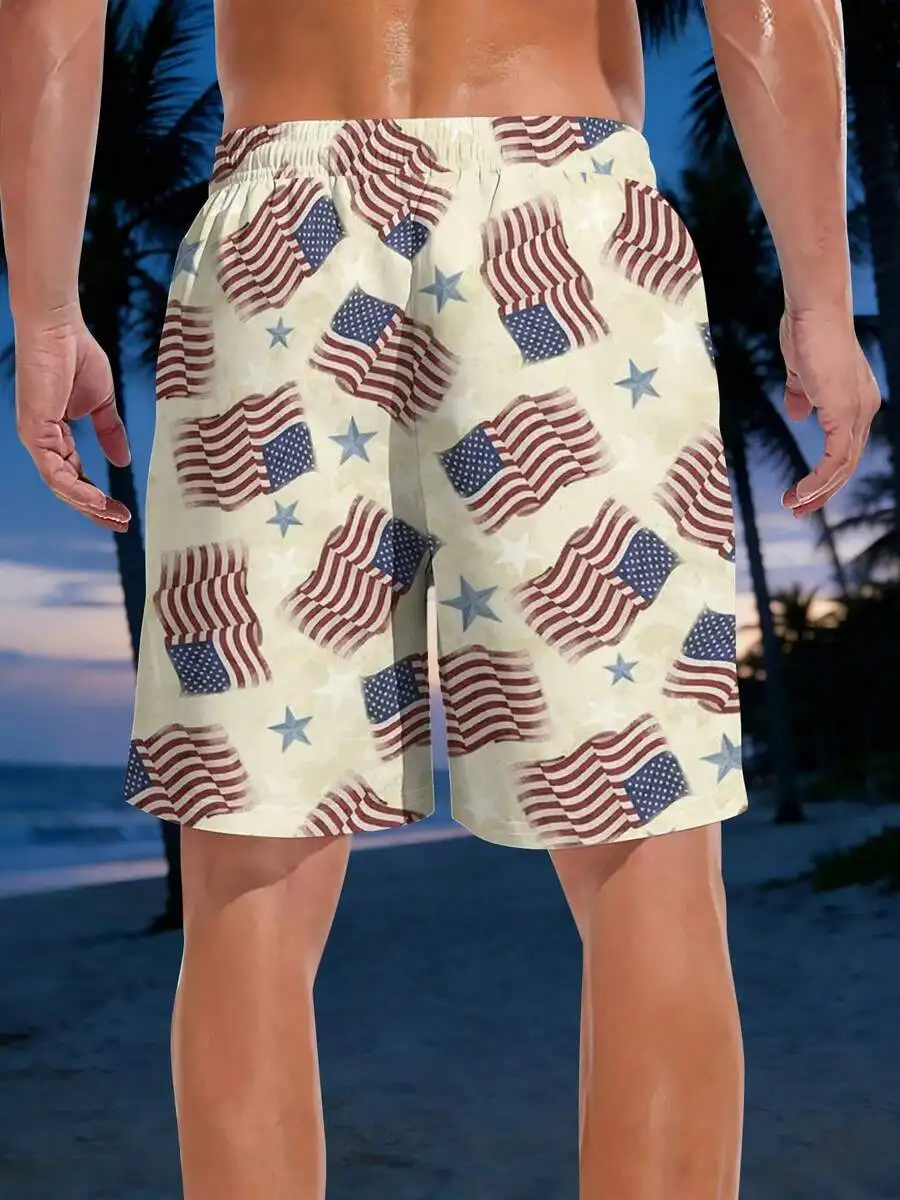 

Patriotic Stars And Stripes American Flag Print Mens Quick-Dry Beach Shorts For Summer Holidays And Outdoor Wear