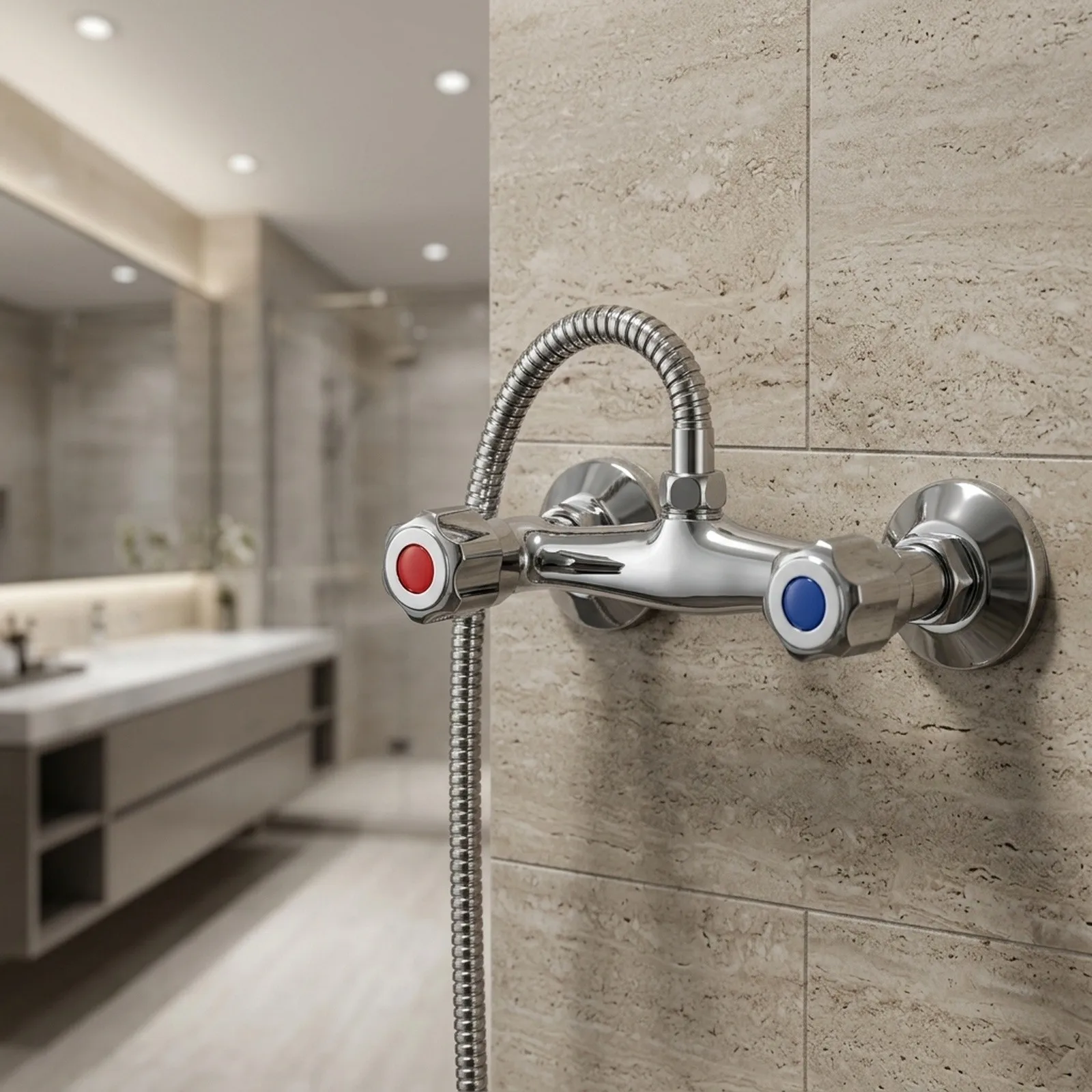 Bathroom Shower Mixer Tap Twin Outlet Configuration Chrome Plated Copper Body 1/2 Inch Water Inlet and Outlet Compatibility