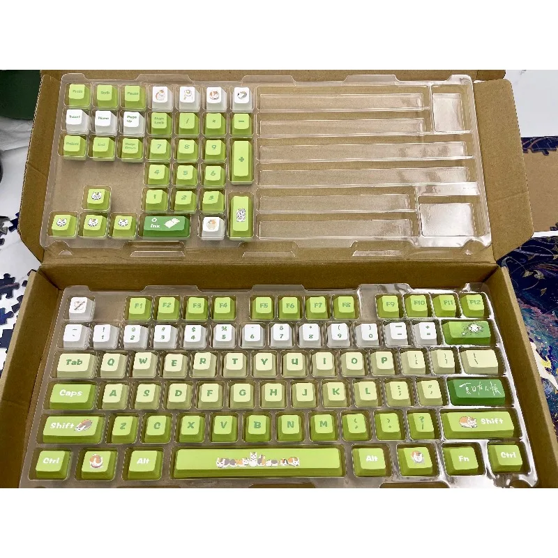 Green Cat Pattern Cute Anime Mechanical Keyboard Keycaps PBT Sublimation Full Set