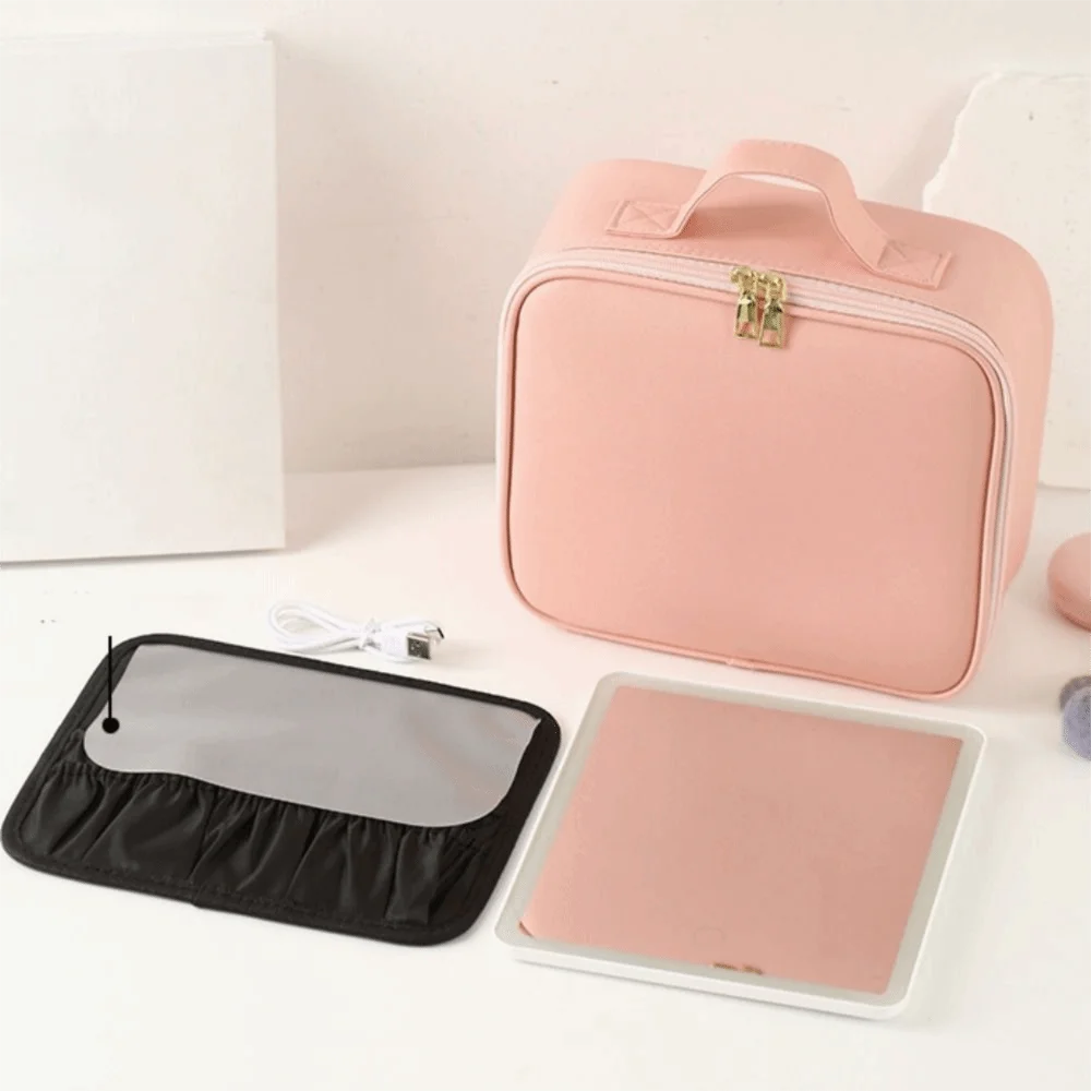 Detachable Partition Large Capacity Makeup Bag Adjustable Handheld Makeup Artist Bag Waterproof LED Light Mirror Bag Travel Use