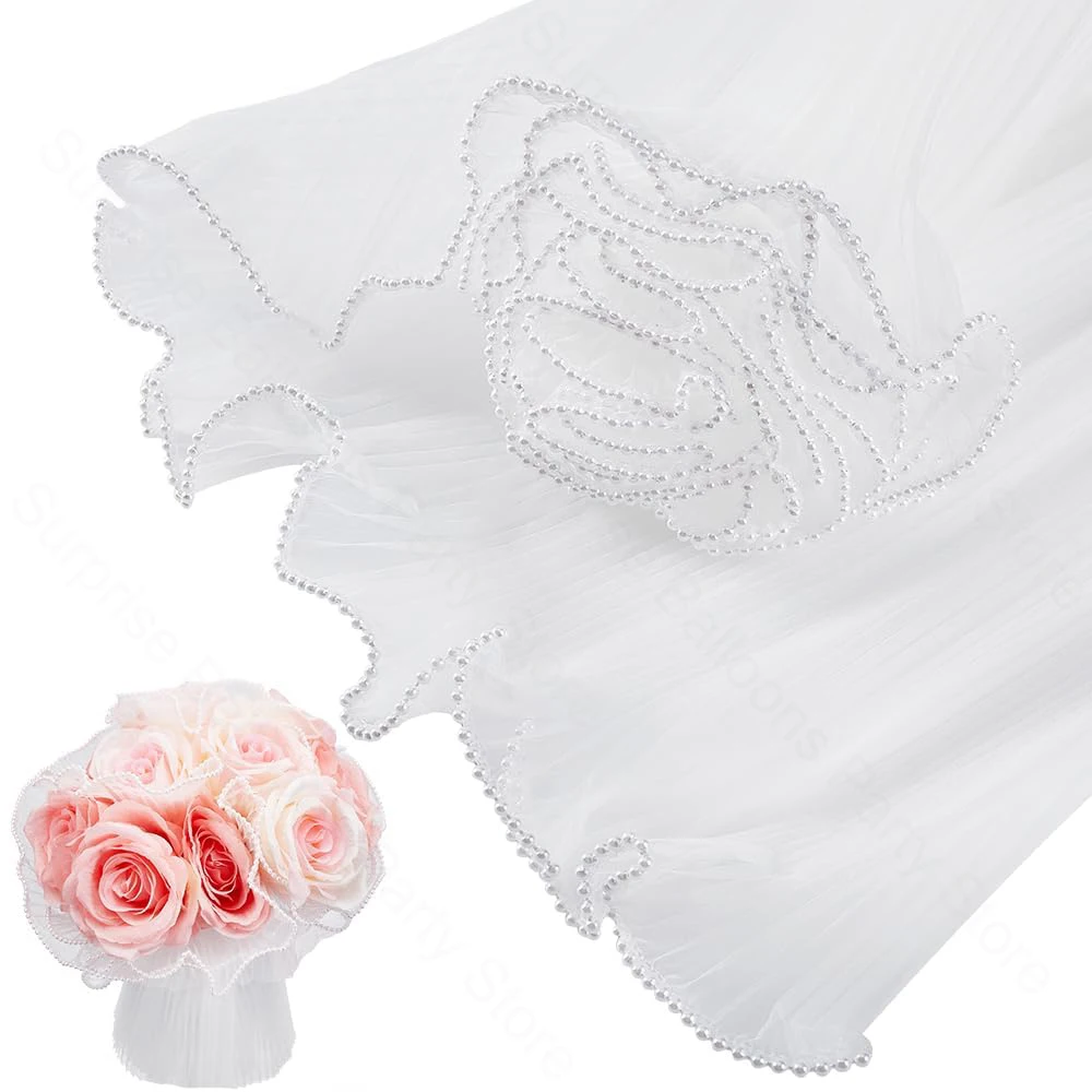 4 Yards weiße Blumenverpackung, Netzpapier, Perlenrand, Blumensträuße, Verpackung, Hochzeit, Party, Dekoration, Valentinstag, Geschenk, Blumenverpackung