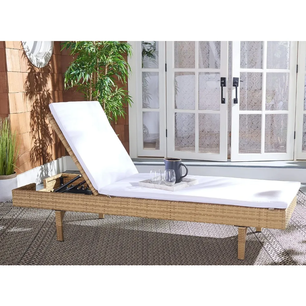 

SAFAVIEH Outdoor Collection Cam Natural Brown Wicker/White Cushion Adjustable Chaise Lounge Chair, Black/Beige (PAT7501D)