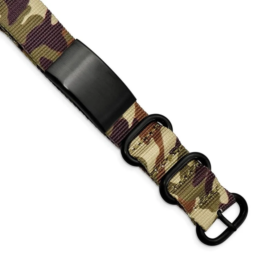 

Stainless Steel Brushed Blk IP Brown Camo Fabric Adjustable ID Bracelet