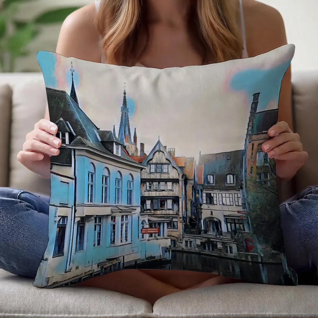 Decorative Watercolor European City Street View Pillowcase Throw Cushion Cover Amsterdam Style Decor Home Gift 45x45cm