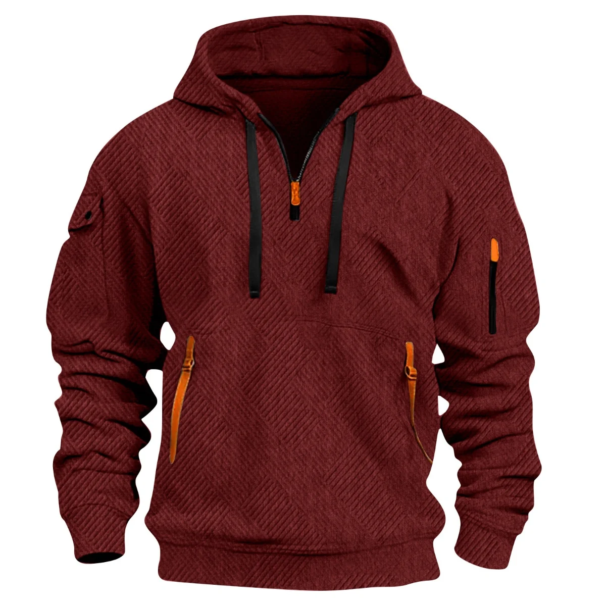 

2025 New men's casual hooded sweatshirt, arm zipper pocket, solid color jacquard fashion men's hooded shirt