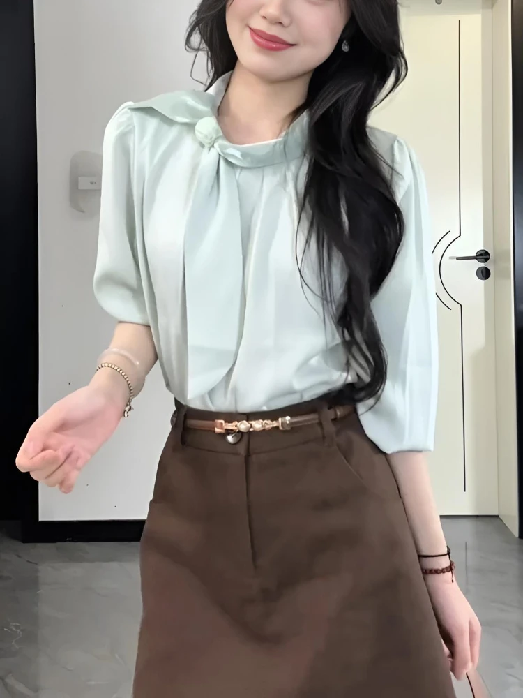 Korean Fashion Elegant 2 Piece Set Women Slim Long Sleeve Lace-Up Shirt+ High Waist Belt A-Line Skirt French Casual Solid Outfit