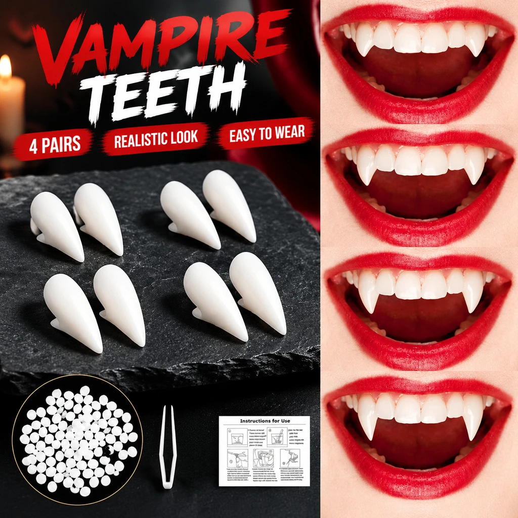 4 Paar Vampirzähne für Cosplay, Zahnersatz-Requisiten, Halloween-Kostüm-Requisiten, fester Kleber, Zahnersatz-Klebstoff, Halloween – Detail 1