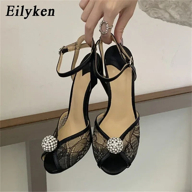 Eilyken Fashion CRYSTAl Breathable Mesh Peep Toe Women Sandals Sexy Thin High Heels Buckle Strap Banquet Prom Shoes