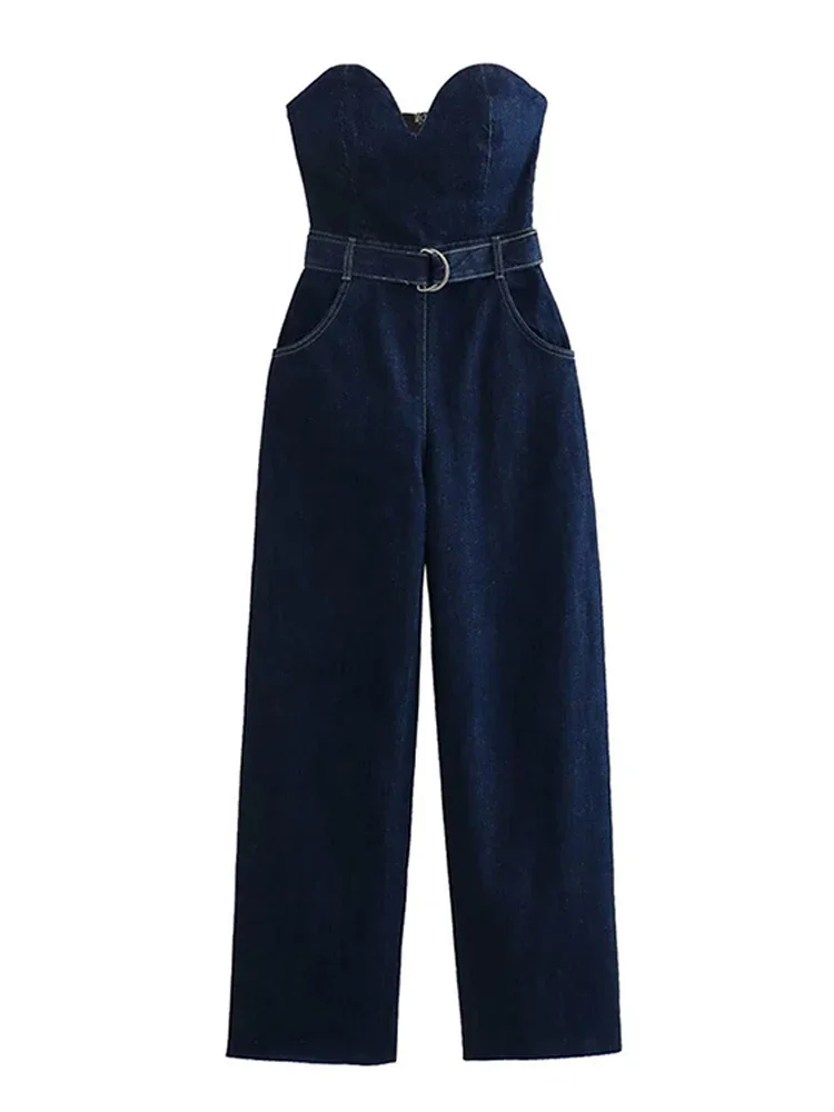 Women Off Shoulder Denim Jumpsuit With Belt Sleeveless Backless Zipper Straight Long Jumpsuits Summer Fashion Romper Streetwear