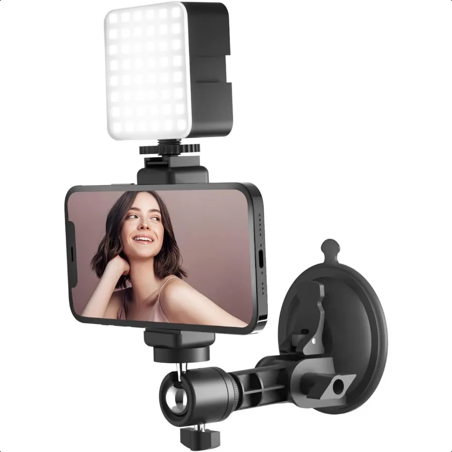 

Suction Cup Mirror Phone Holder with Light Travel Wall Phone Camera Mount for Makeup Content Creator entials Mirror Tripod for