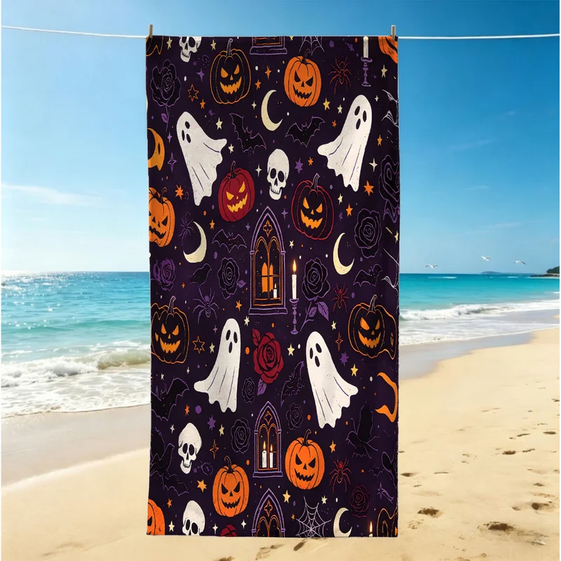 Halloween Microfiber Beach Towel,Lightweight,Portable,Skin-Friendly,Ultra-Soft,Spooky Ghost Pumpkin Print,Great Gift Choice