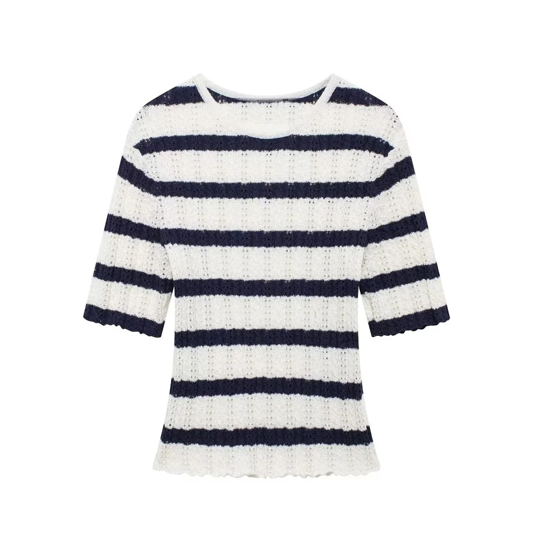 Tangada 2024 Summer Women Striped Knitted Sweater Short Sleeve Female Crop Pullovers BE0133