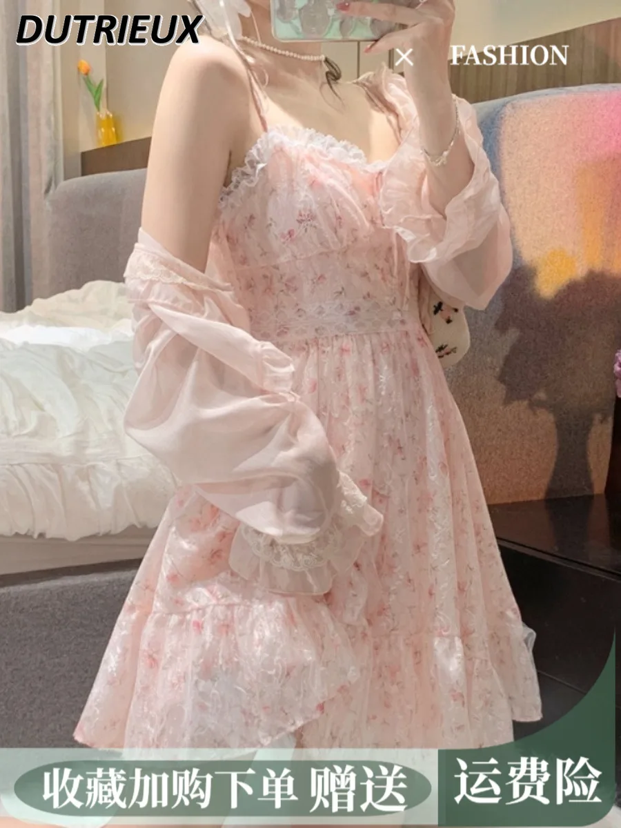 Sweet Gentle Mesh Chiffon Sling Dress Women 2024 Summer New Lolita Kawaii Girls Floral Skirt Princess Dresses A- Line Midi Dress