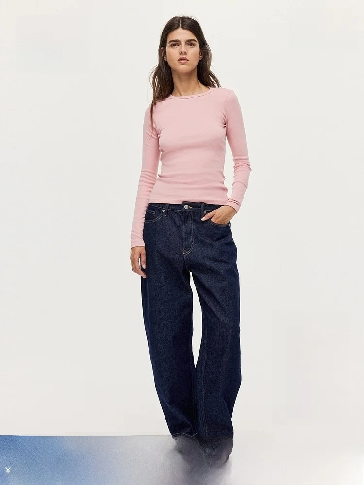 

H&M Winter Women's Long Sve Sweat Cloth Top Casual Sle Fitted Cotton Polyester Blend Color T-irt for Daily Wear