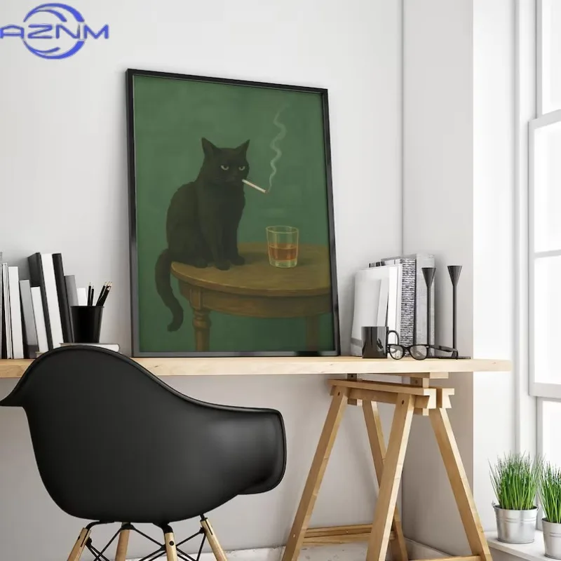 AZNM Moody Black Cat Green Background Poster Smoking Cats with Whiskey Canvas Painting Dark Humor Wall Art for Living Room Home