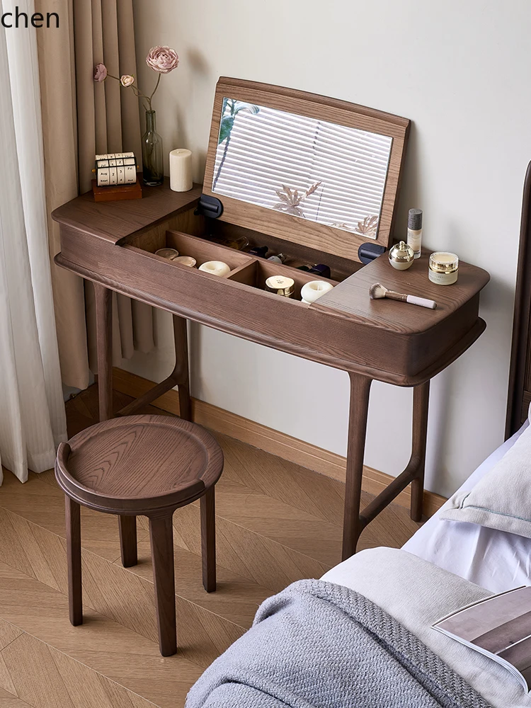 ZML Bedroom Small Dressing Table Simple Multi-Grid Flip Cover with Mirror Makeup Desk Writing Desk