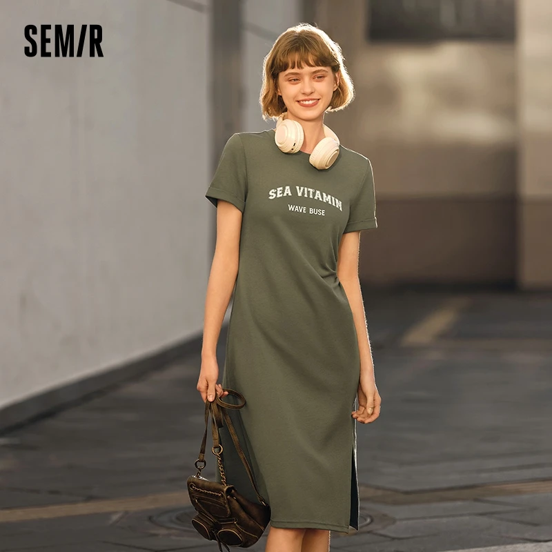 Semir Dress Women Vintage Casual Midi Dress 2024 Summer New Letter Print Split T-Shirt Dress