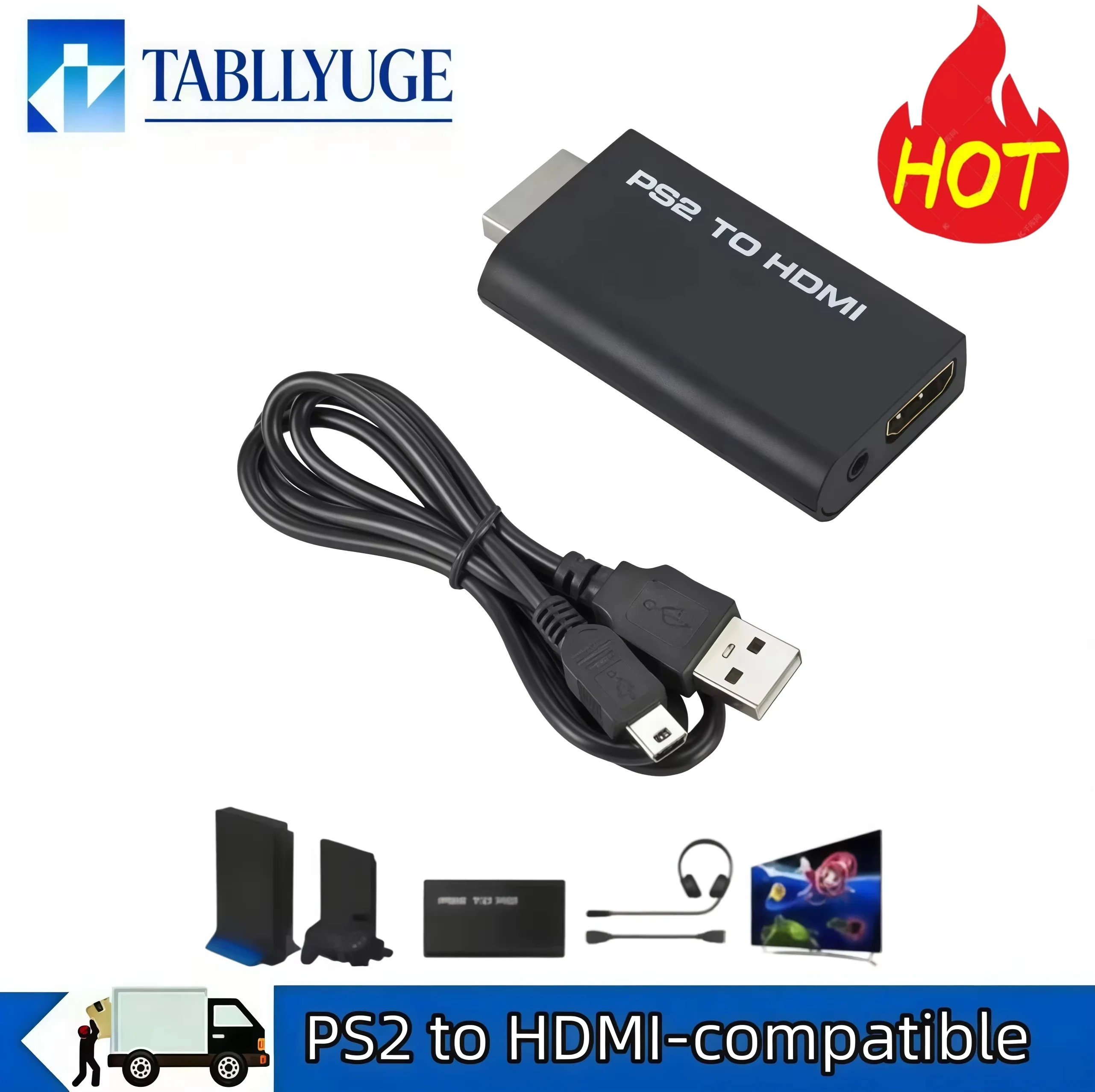Adaptador Conversor de Áudio e Vídeo PS2 para HDMI 480i 480p 576i com Saída de Áudio de 3,5mm Integrada para Todos os Modos de Exibição do PS2