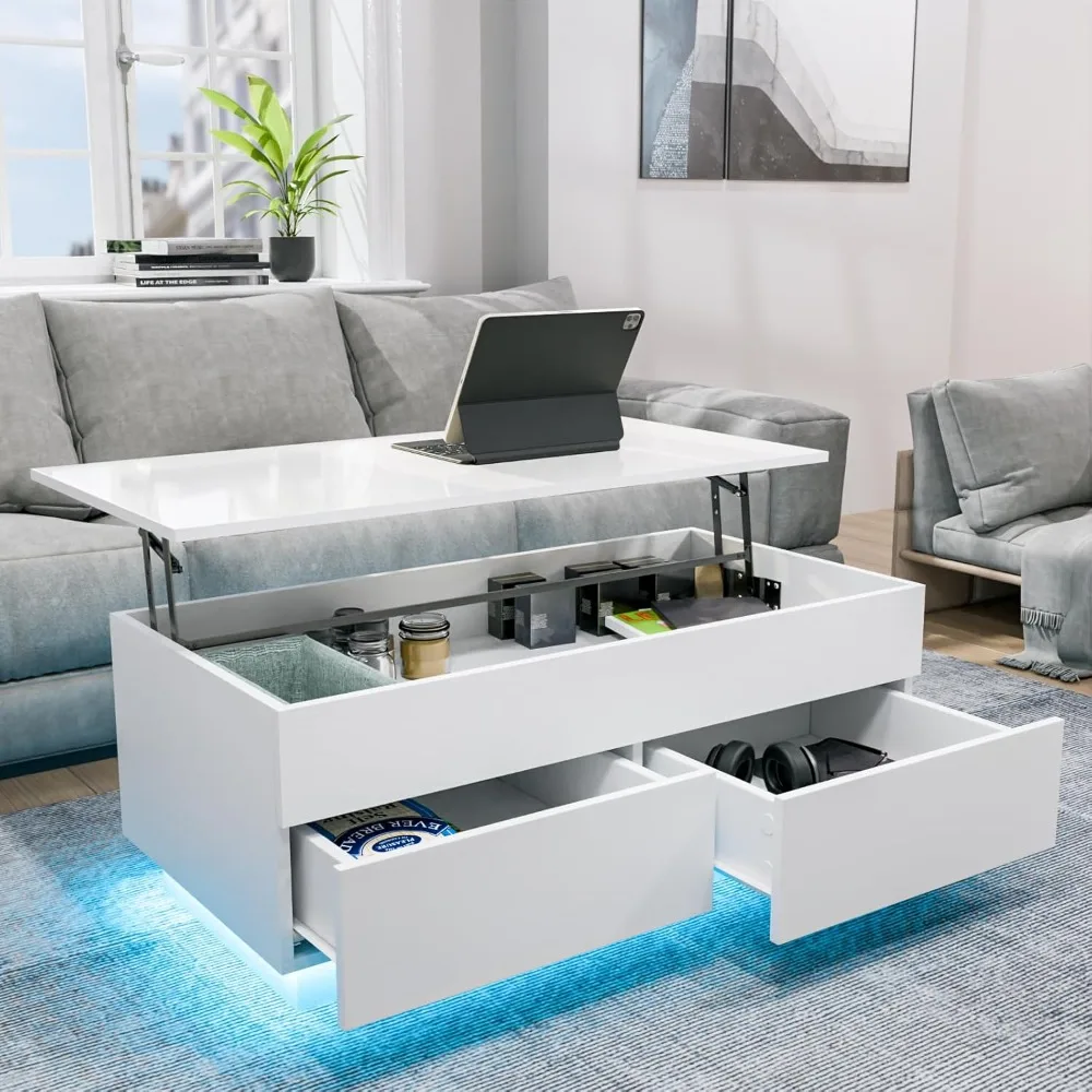 

Coffee Table White Lift Top Rectangular Lift Top with LED Light Morden 37.6"D x 15.75"W x 21.65"H Coffee Table