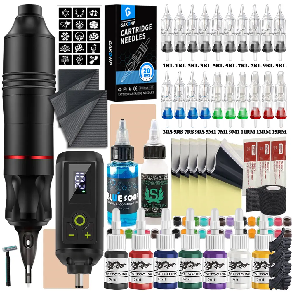 

Wireless Tattoo Pen Kit Rotary Tattoo Machine Kit with Wireless Power Supply Needle Tattoo Inks Set for Tattoo Beginners Kit
