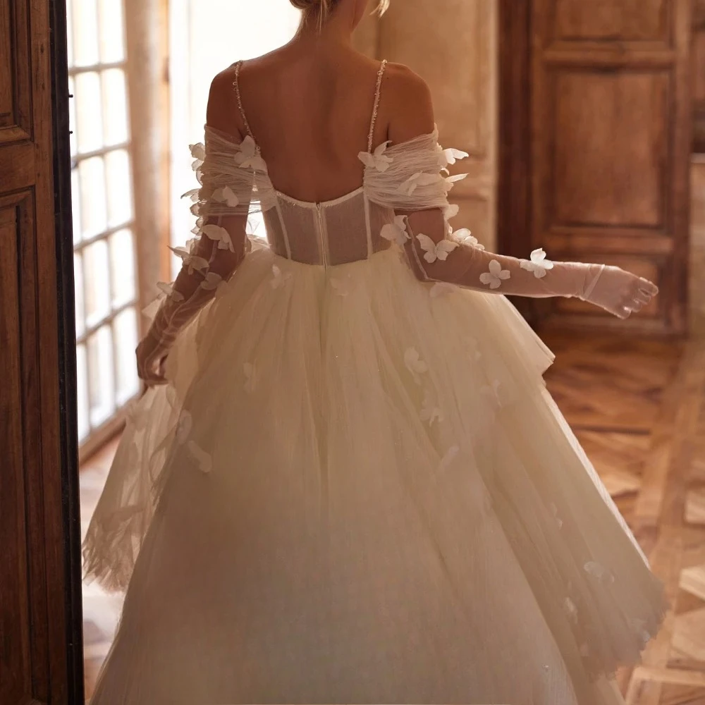 Customized Off the Shoulder Ivory Tulle Bridal Gown with Delicate Butterflies and Multiple Ruffled Layers