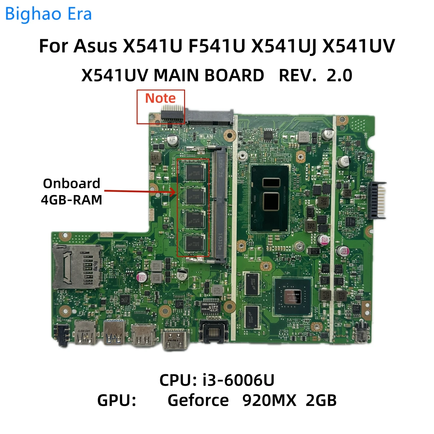 X541UV MAIN BOARD For Asus X540U F541U X541UJ X541UV Laptop Motherboard With i3-6006U i5-6198DU CPU 4GB-RAM DDR4 GT920M 2GB-GPU