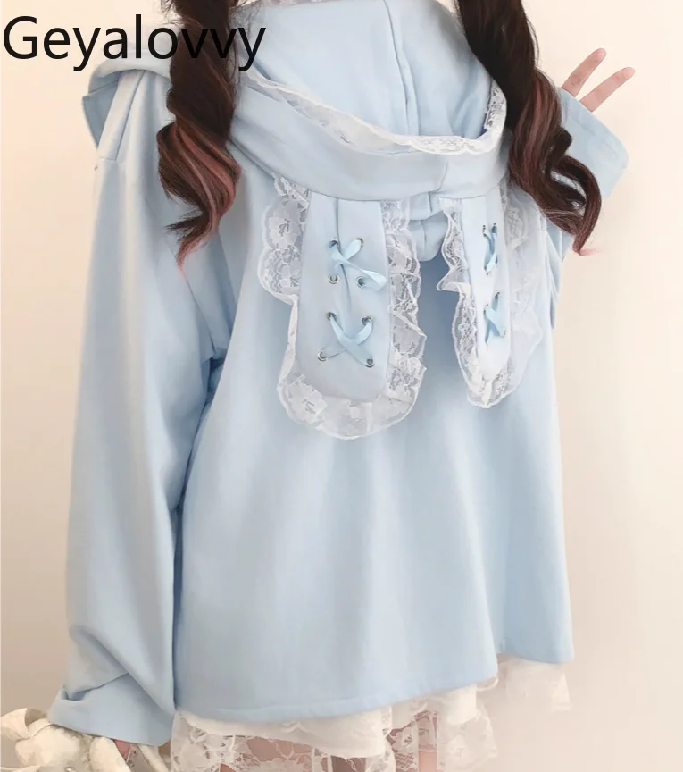 Zipper Coat Lace Ears Hooded Sweatshirt Fashion Casual Hoodies Japanese Style Spring and Autumn Women's Coats 2025 New