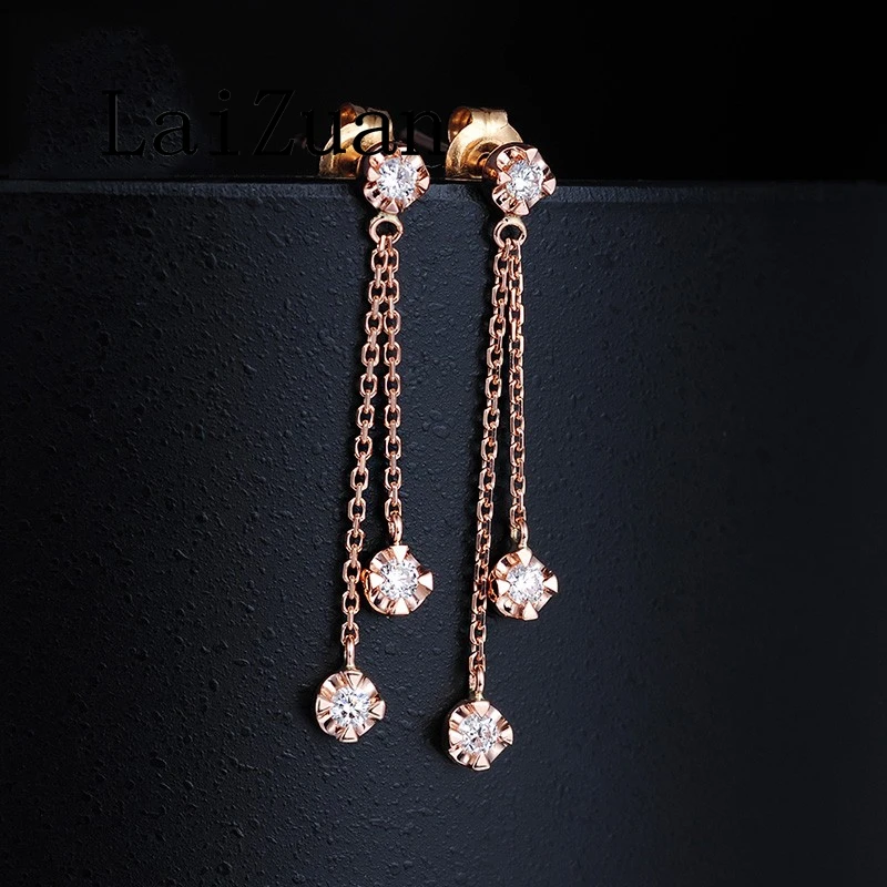 LaiZuan Solid 18K Rose/Yellow/White Gold H/SI 0.15ct Natural Diamonds Stud Earrings Women Trendy Charm Tassel Earrings Pendant