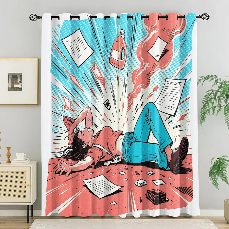 Office Burnout Window Curtain Tired Worker Messy Desk Coffee Cup Print Drapes Retro Curtains For Bedroom Living Room Home Decor