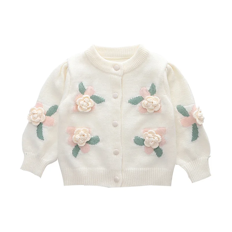 Girl\'s Cardigan Sweater 2023 Spring and Autumn New Long Sleeve Flower Cotton Knitwear Baby Girl round Neck Sweater Coat Top