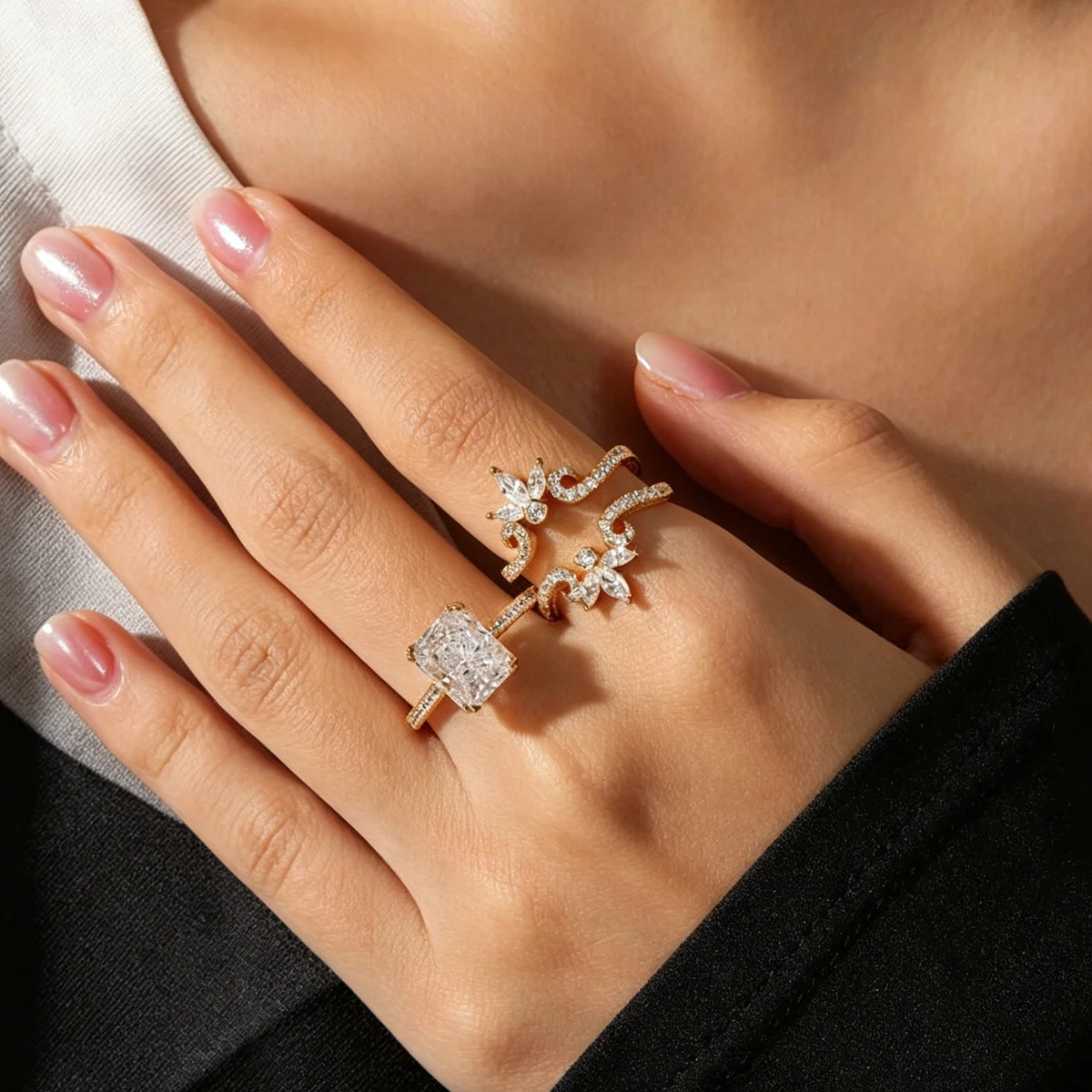2-Piece Stackable Moissanite Ring Redion Cut 925 Sterling Silver 18k Gold Plated Engagement Wedding Ring for Bridal Jewelry