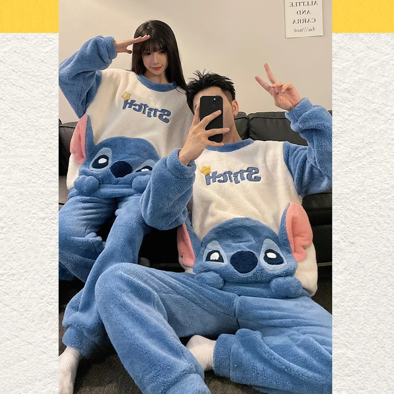 Disney Stitch Cute Winter Thicken Pajamas Sets Men Male Pyjamas Cartoon Flannel Loung Sleepwear Couple Pijama Mujer Homewear