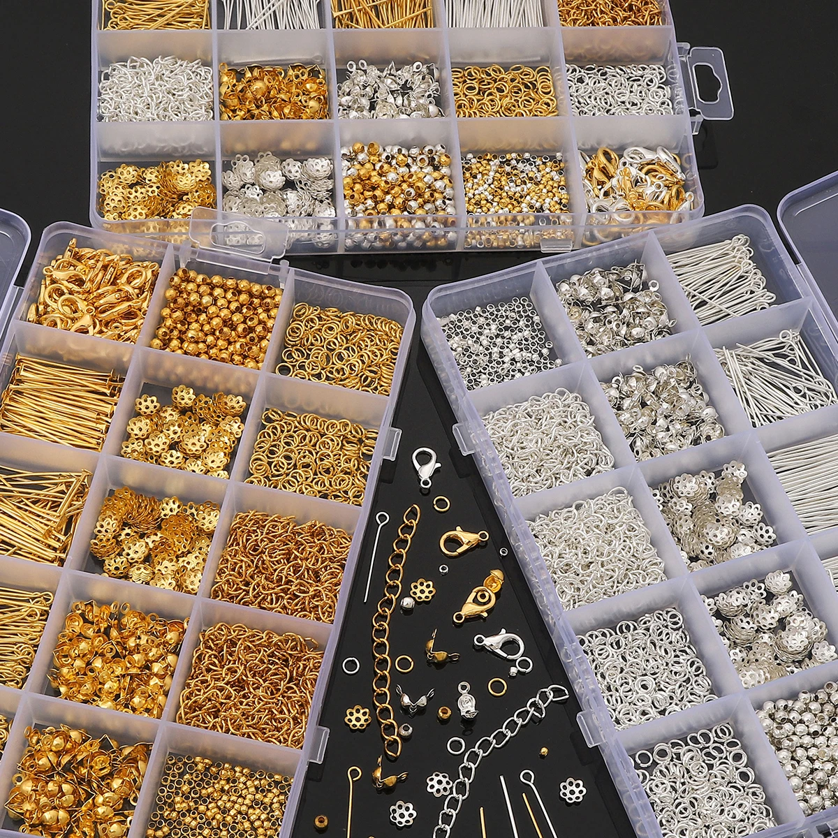1260pcs Jewelry Findings Kit 15-Grid Box - Metal Charms, Chains & Tools For DIY Bracelet Making, Craft Supplies For Adults ﻿